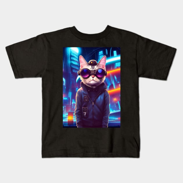 Cool Japanese Techno Cat In Japan Neon City Kids T-Shirt by star trek fanart and more